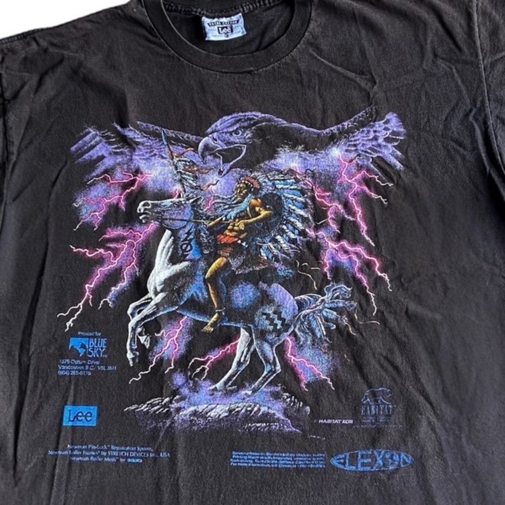 Vintage Lee Shirt Mens Large Black Native American Horse Lightning Eagle 90s Tee